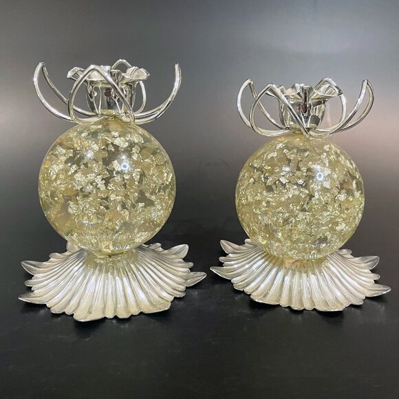 Vintage Lucite Ball Candle Holders Clear with Silver Flecks Metal Top and Base - Picture 1 of 5